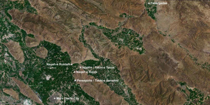 Satellite relief map of the Marv Dasht (large green area) valley plains and Persian historical sites. click to see a larger map