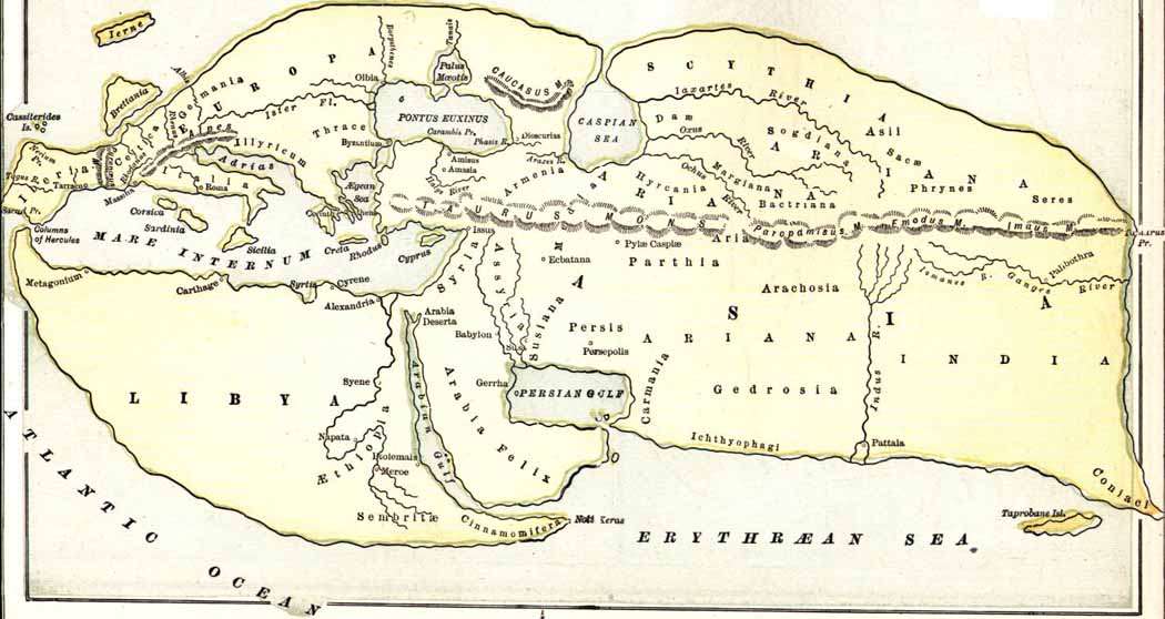 Map of Ariana based on Eratosthenes' data in Strabo's Geography