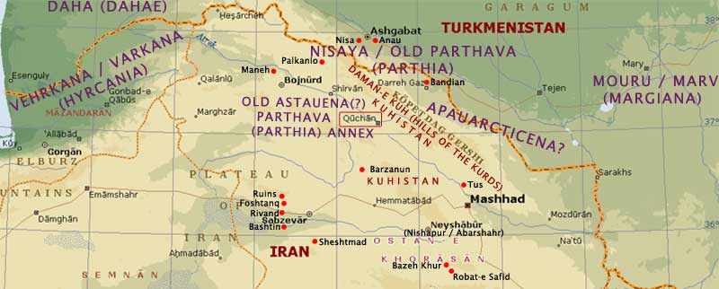 Map of Ancient Parthava (Parthia) & Modern Khorasan, Iran