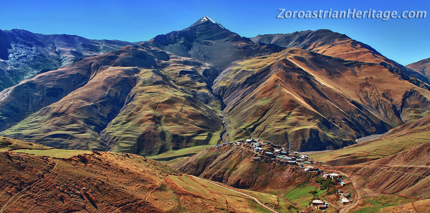 Khinalig village looking south. Note the henna-like colour of the barren surrounding slopes.