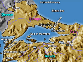 Map of the straits of Dardanelles and Hellespont at both ends of the Sea of Marmara